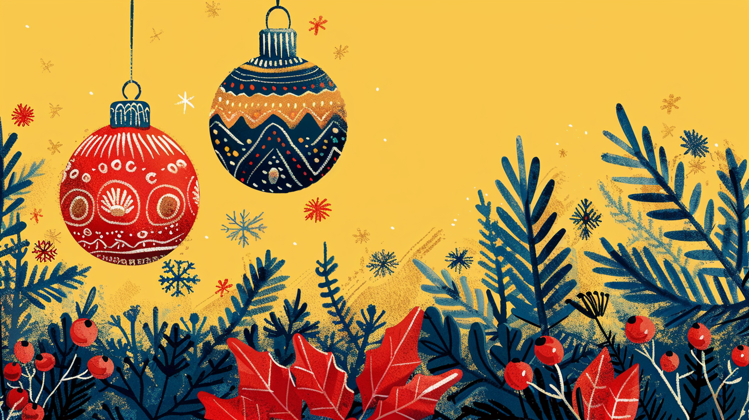 Joyful Christmas ornaments on vibrant yellow background.