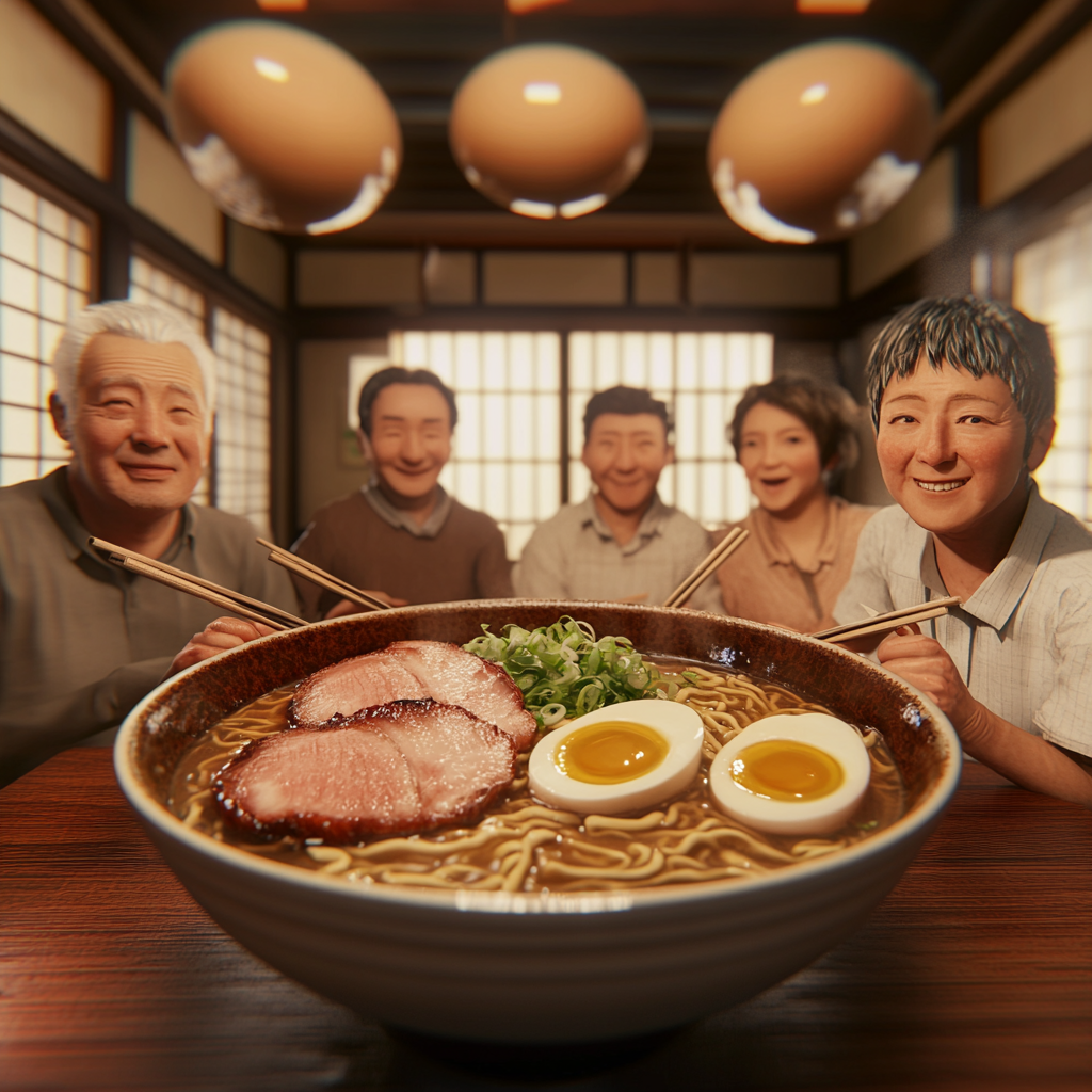 Joyful Gathering Over Ramen in Traditional Japanese Kitchen