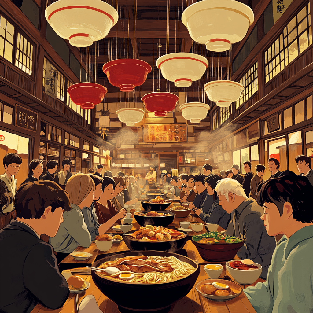 Joyful Gathering in Traditional Japanese Ramen Kitchen