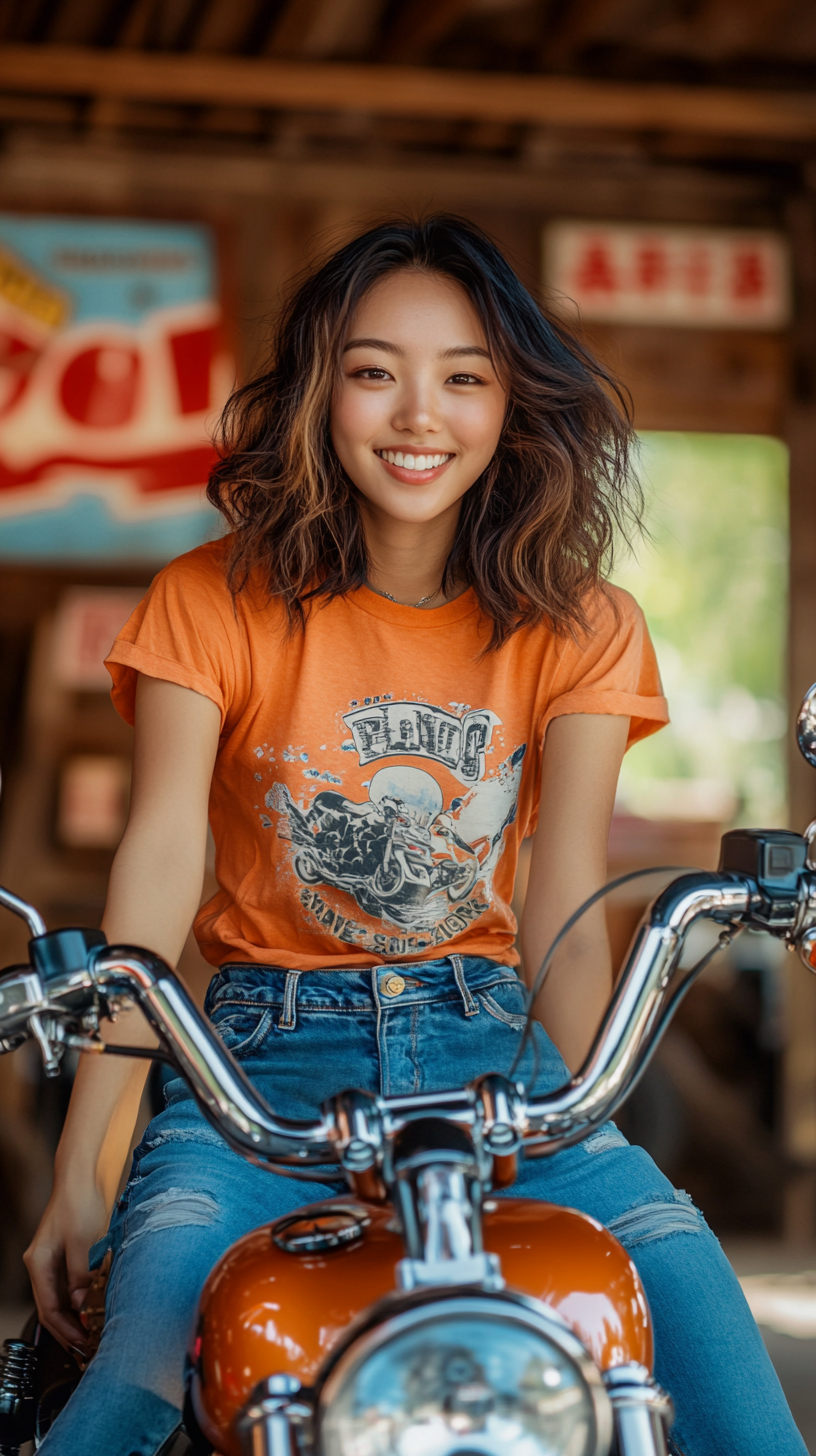 Joyful Japanese woman on Harley in vintage garage