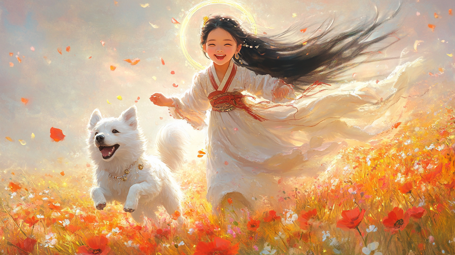 Joyful Korean girl bodhisattva and Baekgu dog running.