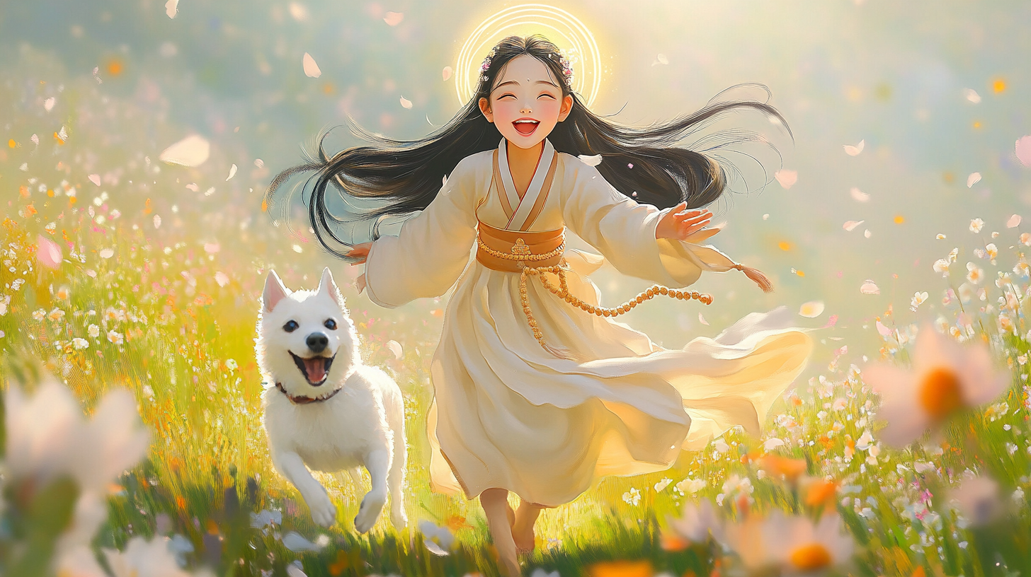 Joyful Korean girl bodhisattva with Baekgu dog