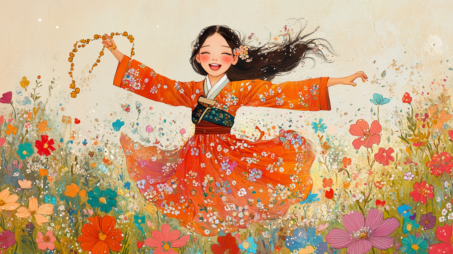 Joyful Korean girl in bodhisattva costume dances in field.