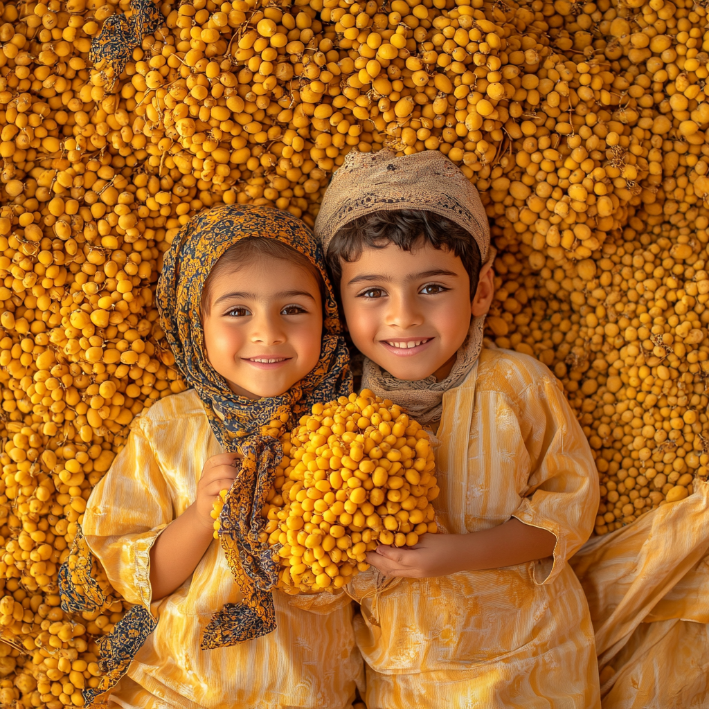 Joyful Omani children surrounded by ripe dates.