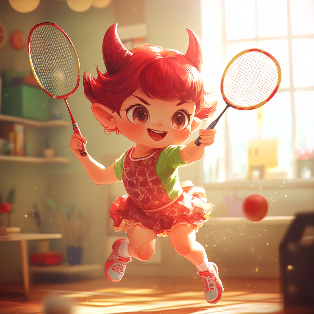 Joyful Oni Girl Playing Badminton Indoors