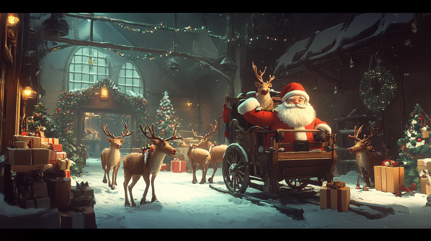 Joyful Santa's Workshop with Reindeer Preparing Christmas Presents.