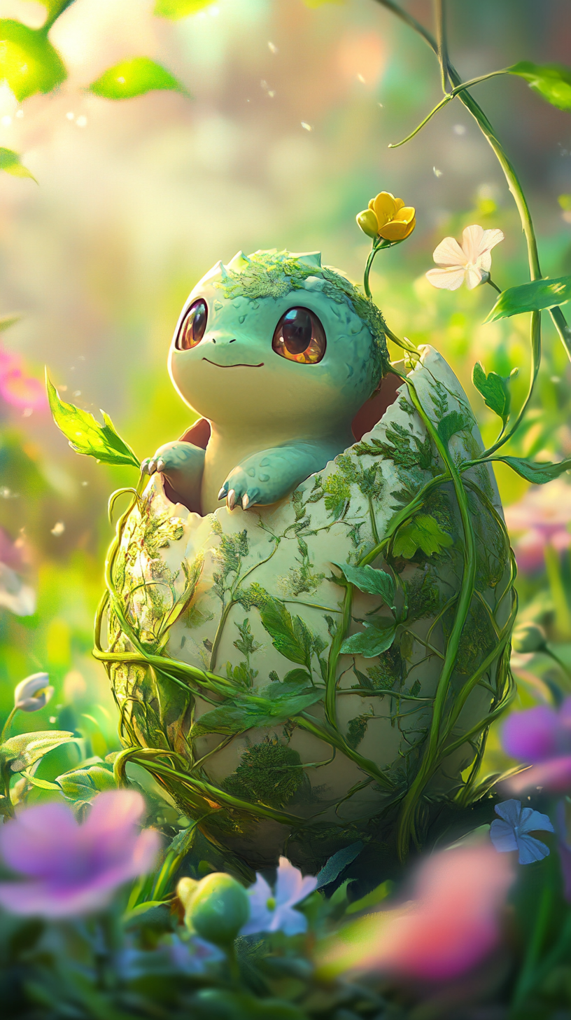 Joyful baby Bulbasaur hatching from leafy vine-wrapped egg.