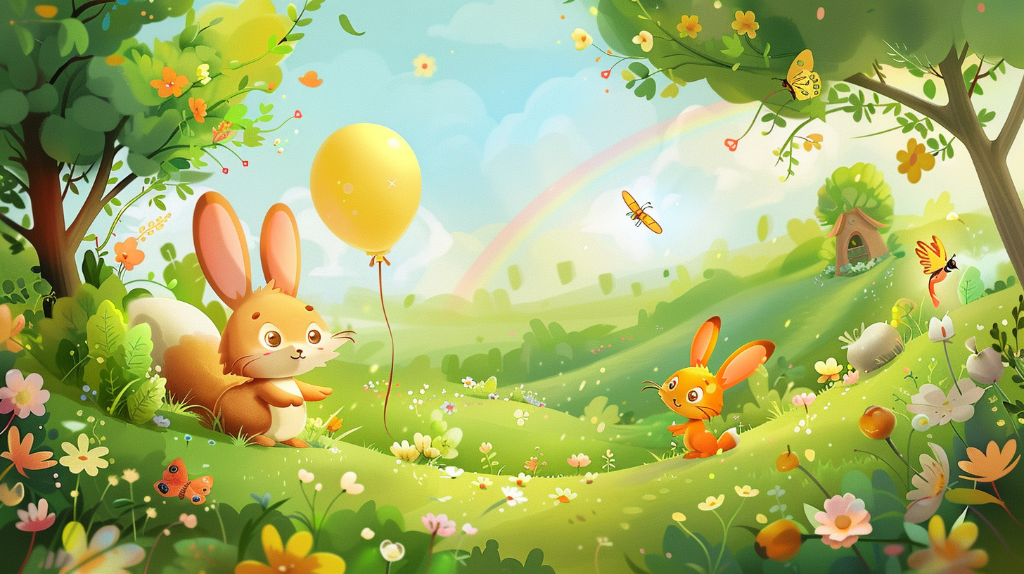 Joyful bunny, playful fox in colorful cartoon scene.