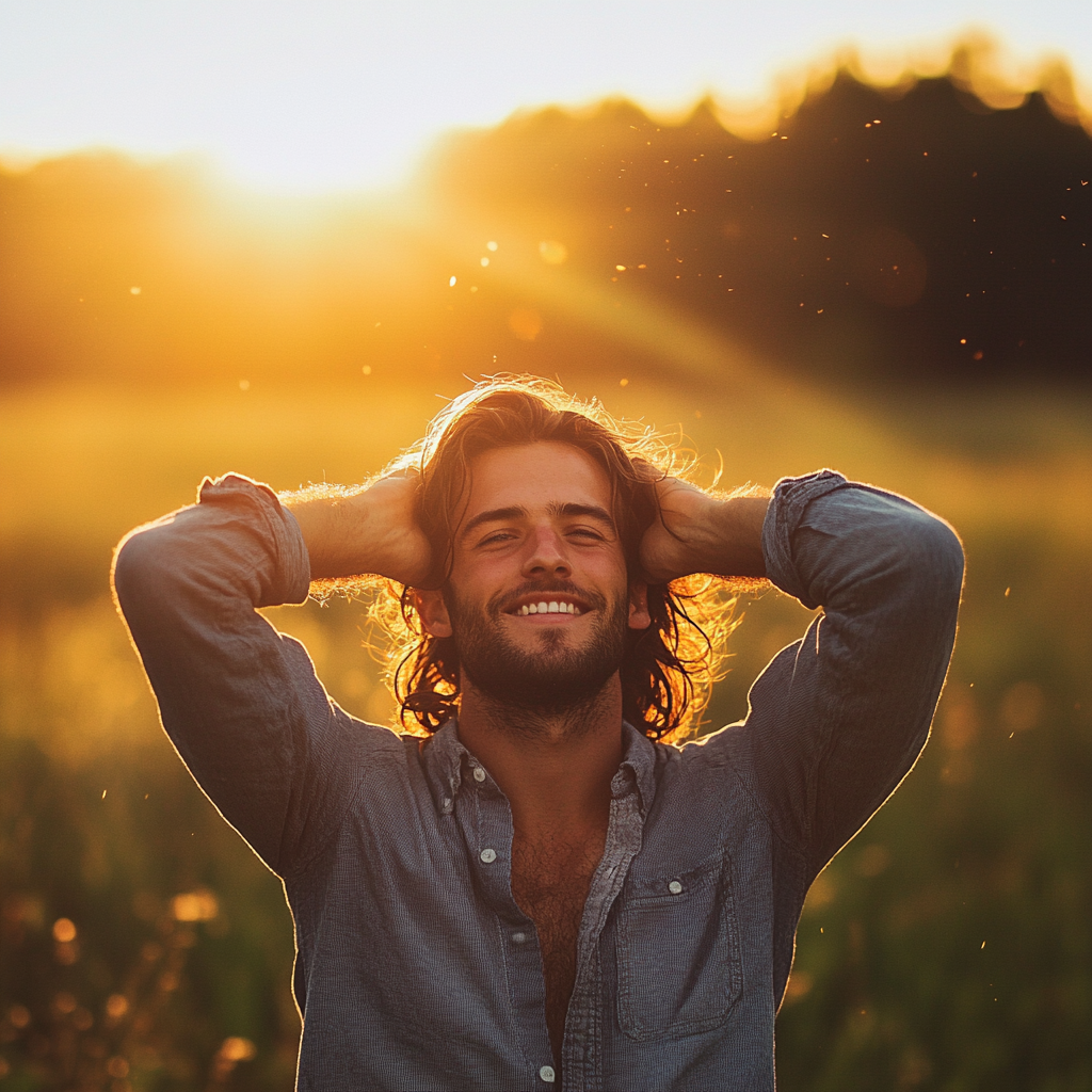 Joyful man in sunlit field with flowing hair.