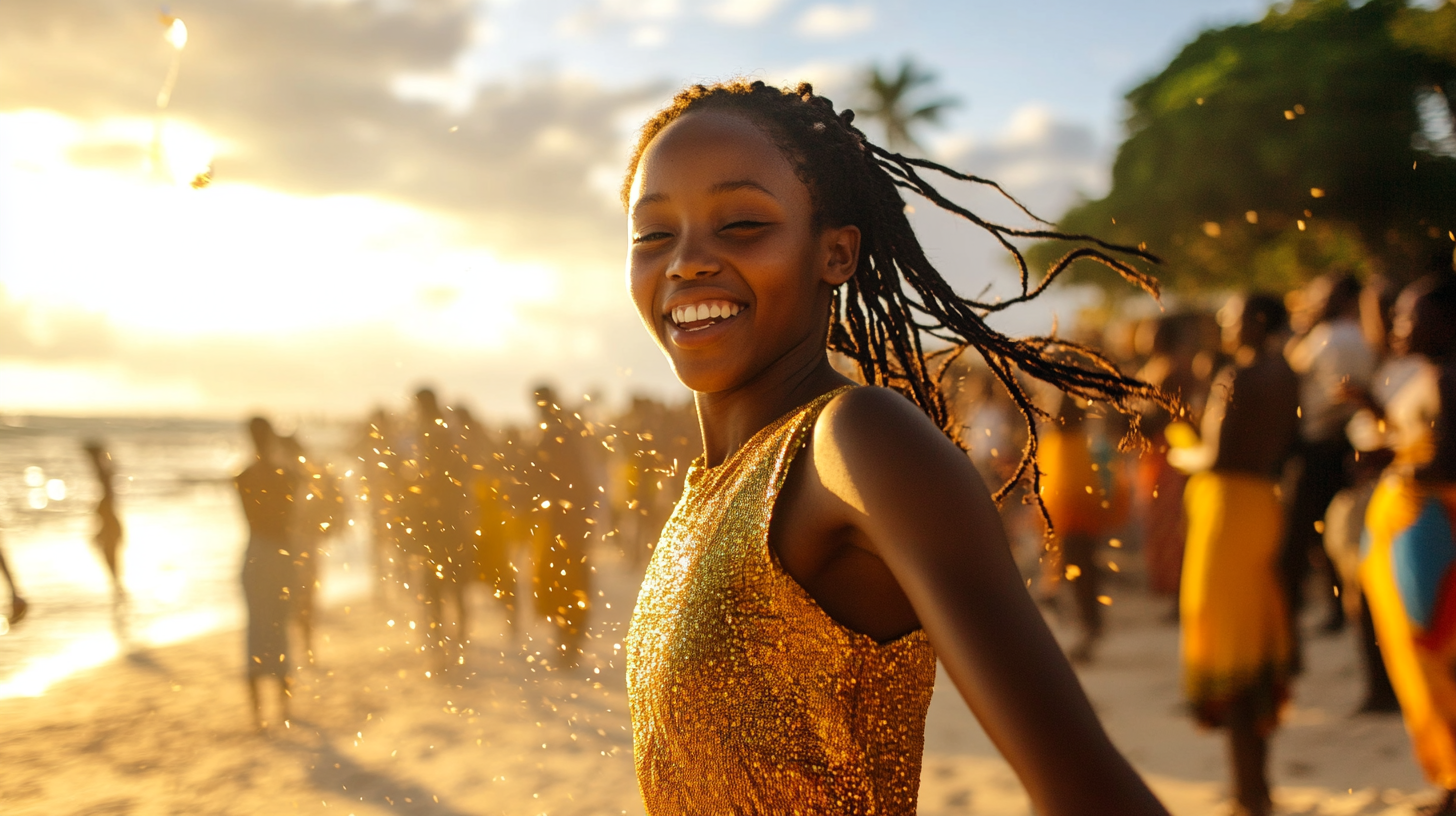 Joyful woman dances at African music festival