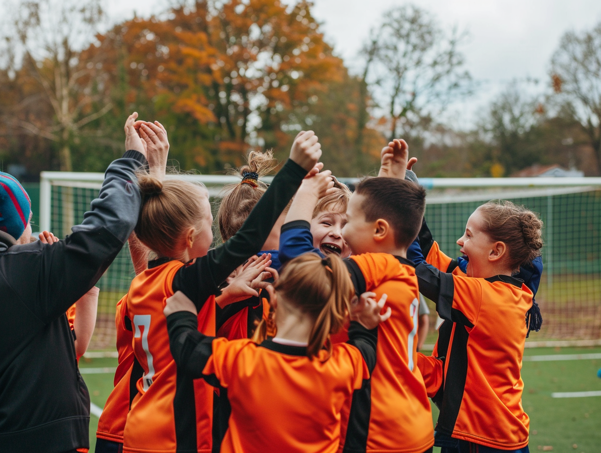 Joyful young football team celebrating goal together