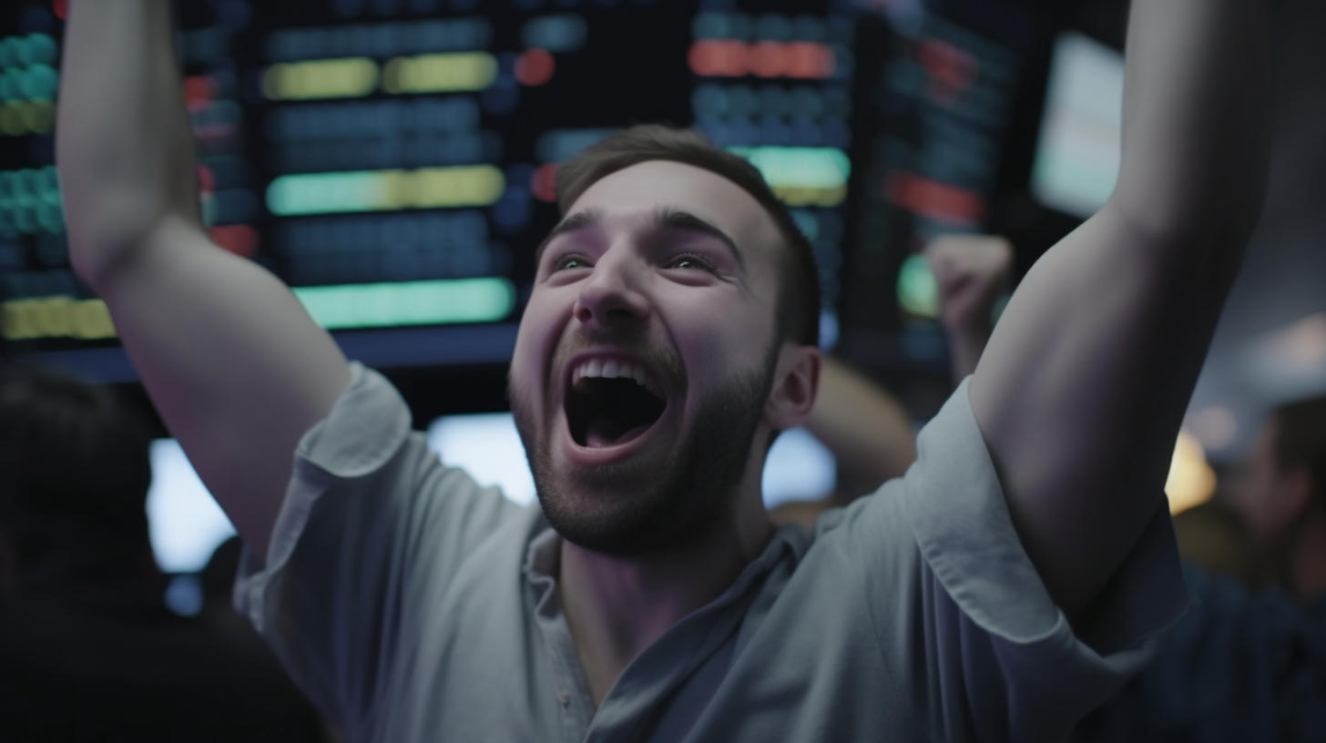 Day trader jubilantly celebrating stock gains