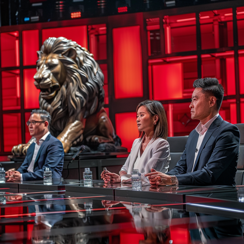 Judges on TV show with lion statue prop.