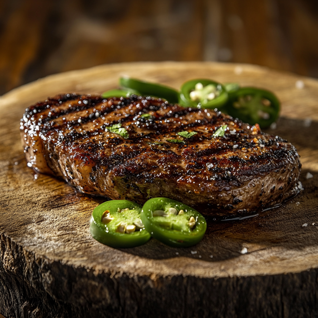 Juicy Steak with Grilled Jalapeños on Wooden Platter