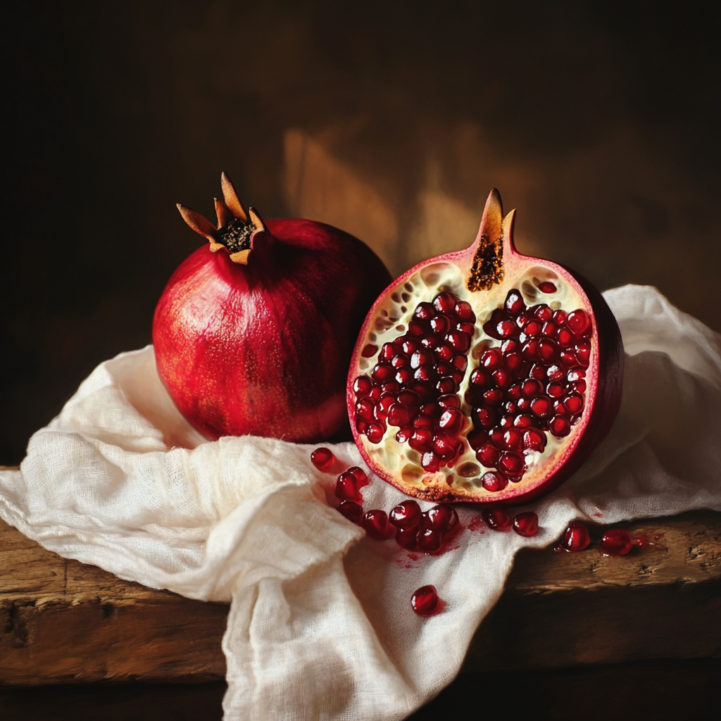 Juicy ruby pomegranate on dark table with spot lighting.