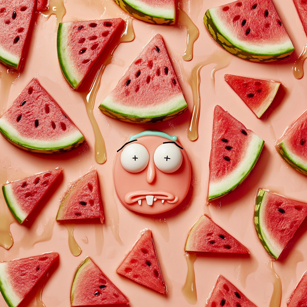 Juicy watermelon backdrop with Morty-shaped candies