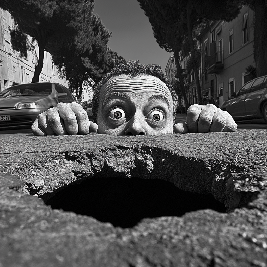 Julius Caesar in Pothole in Modern Rome, Black/White