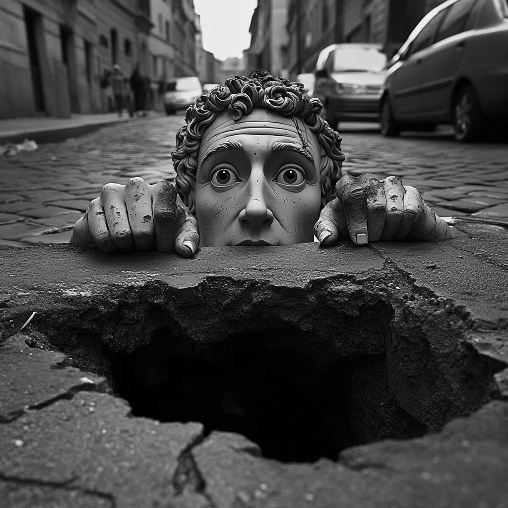 Julius Caesar in Pothole on Rome Street