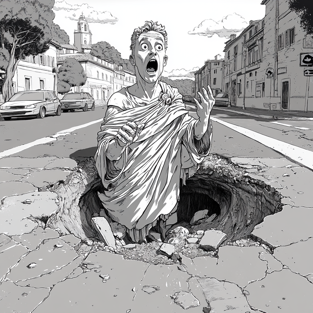 Julius Caesar in toga in pothole in Rome