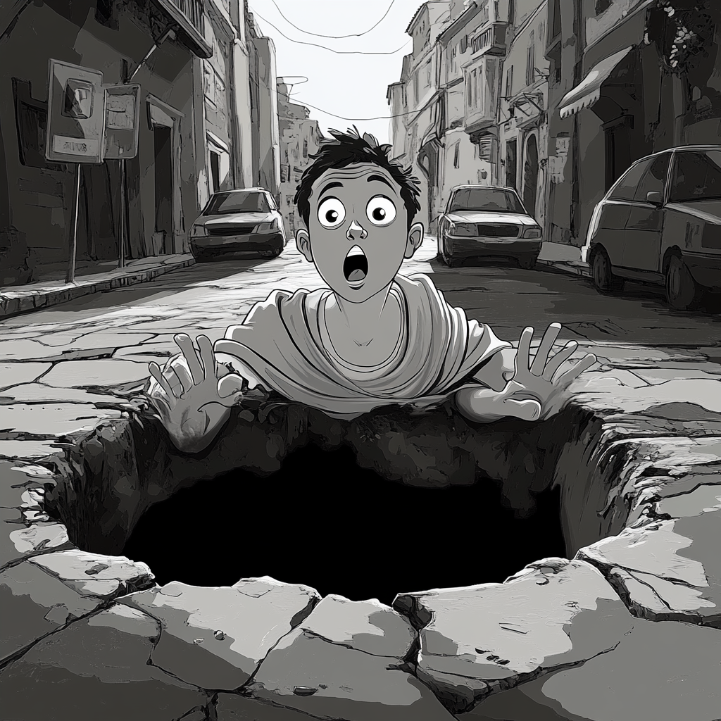 Julius Caesar in toga peeking out from pothole