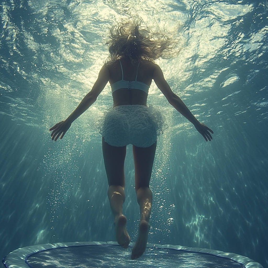 Jumping Woman Dives into Water Trampoline