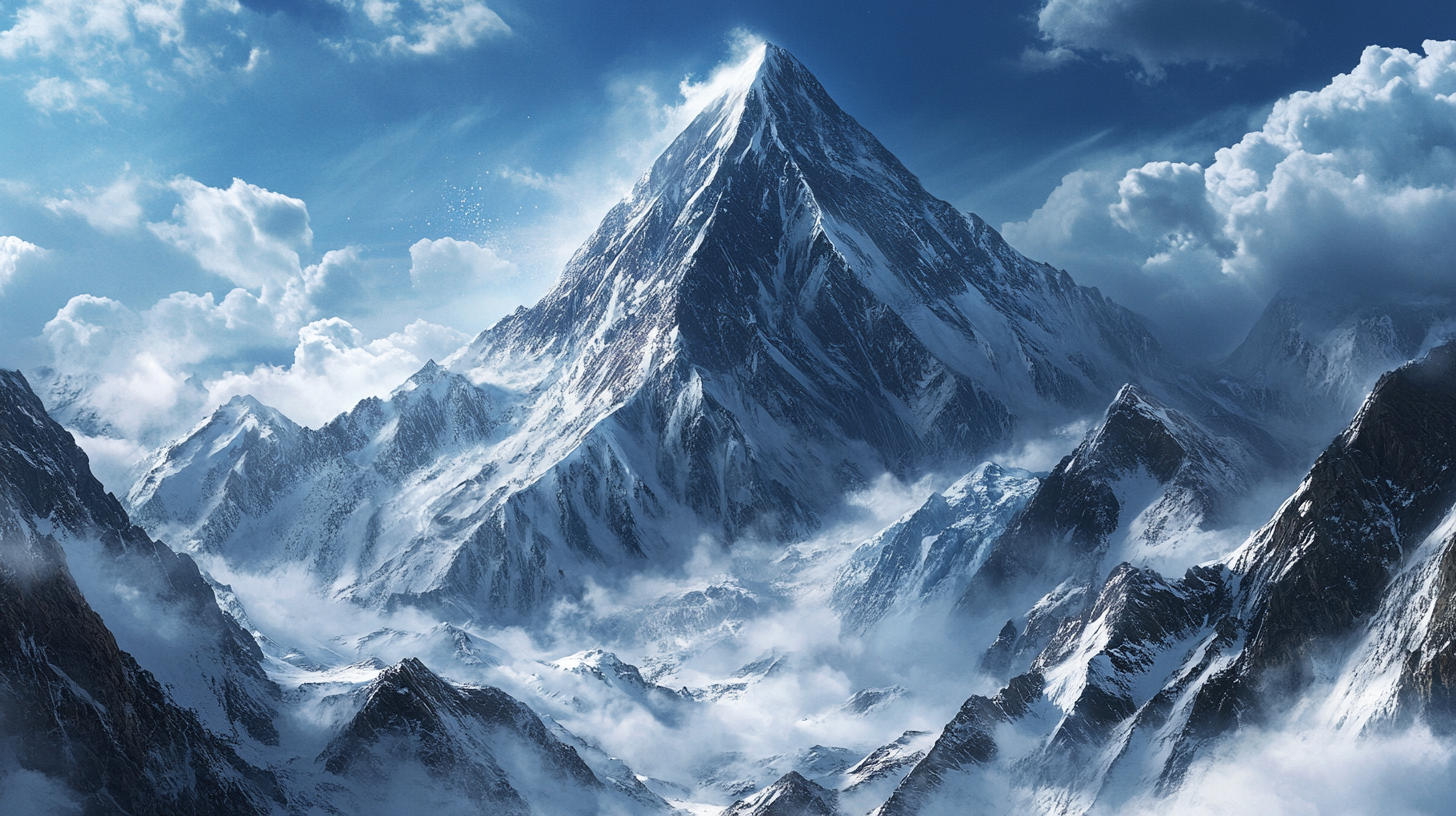 K2 Mountain, towering peaks, swirling clouds, blue sky, snow.