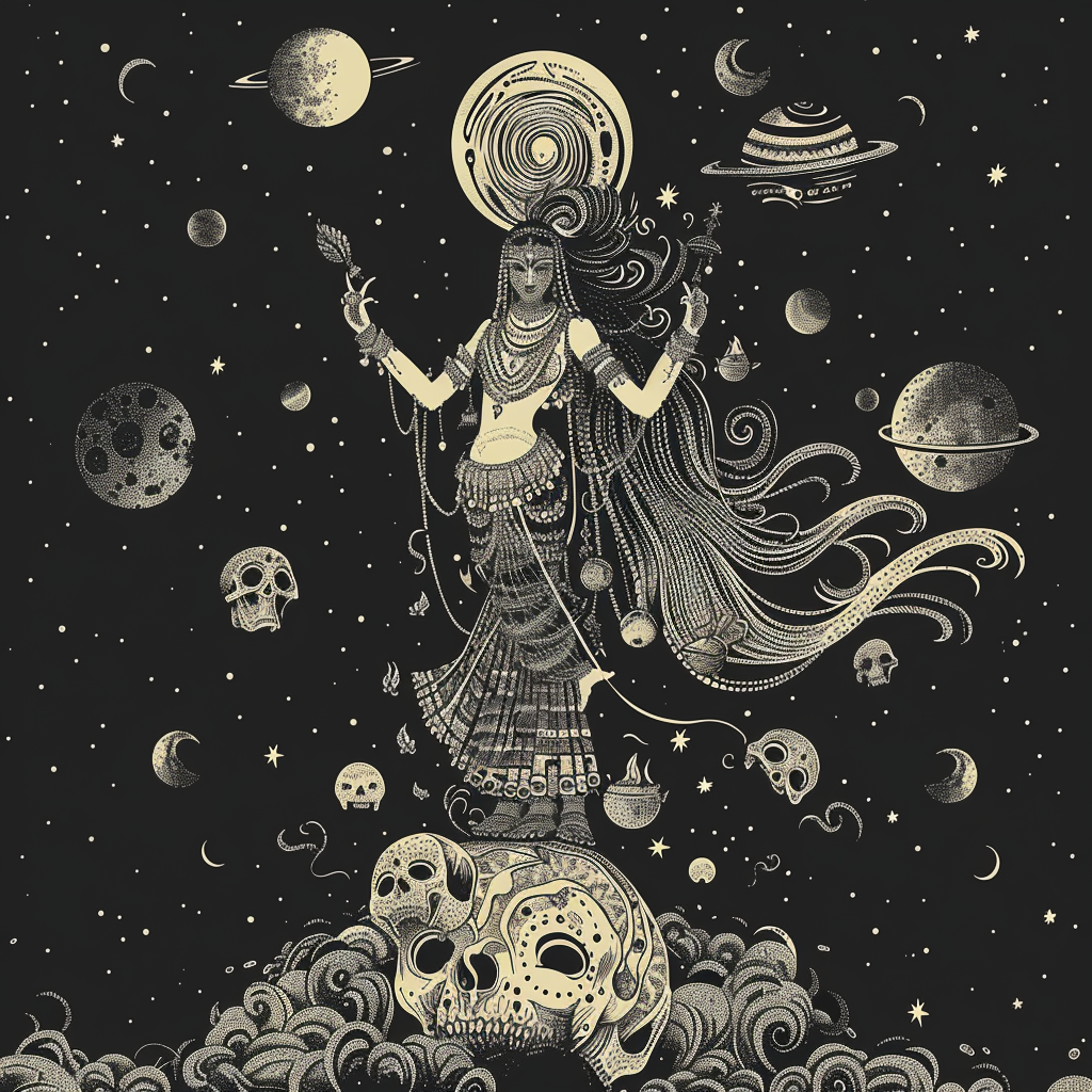 Kali dances on skull earth with planets around her.