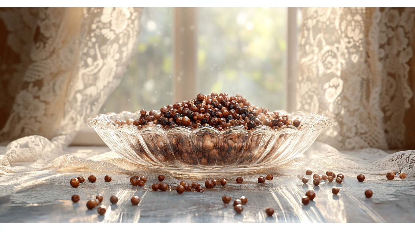 Kampot Peppercorns Floating in Sunlit Water Bowl