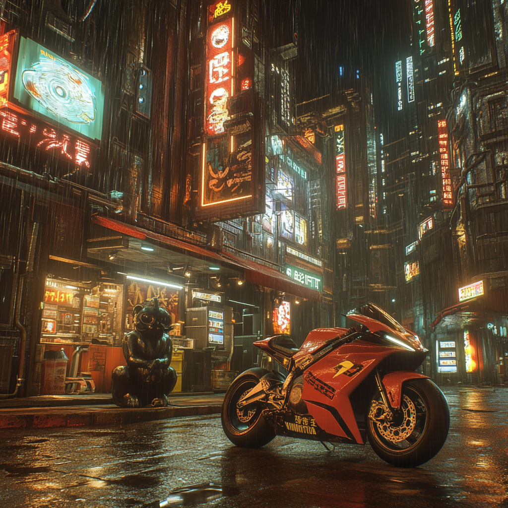 Kaneda's motorcycle outside cyberpunk ramen shop with tanuki statue.