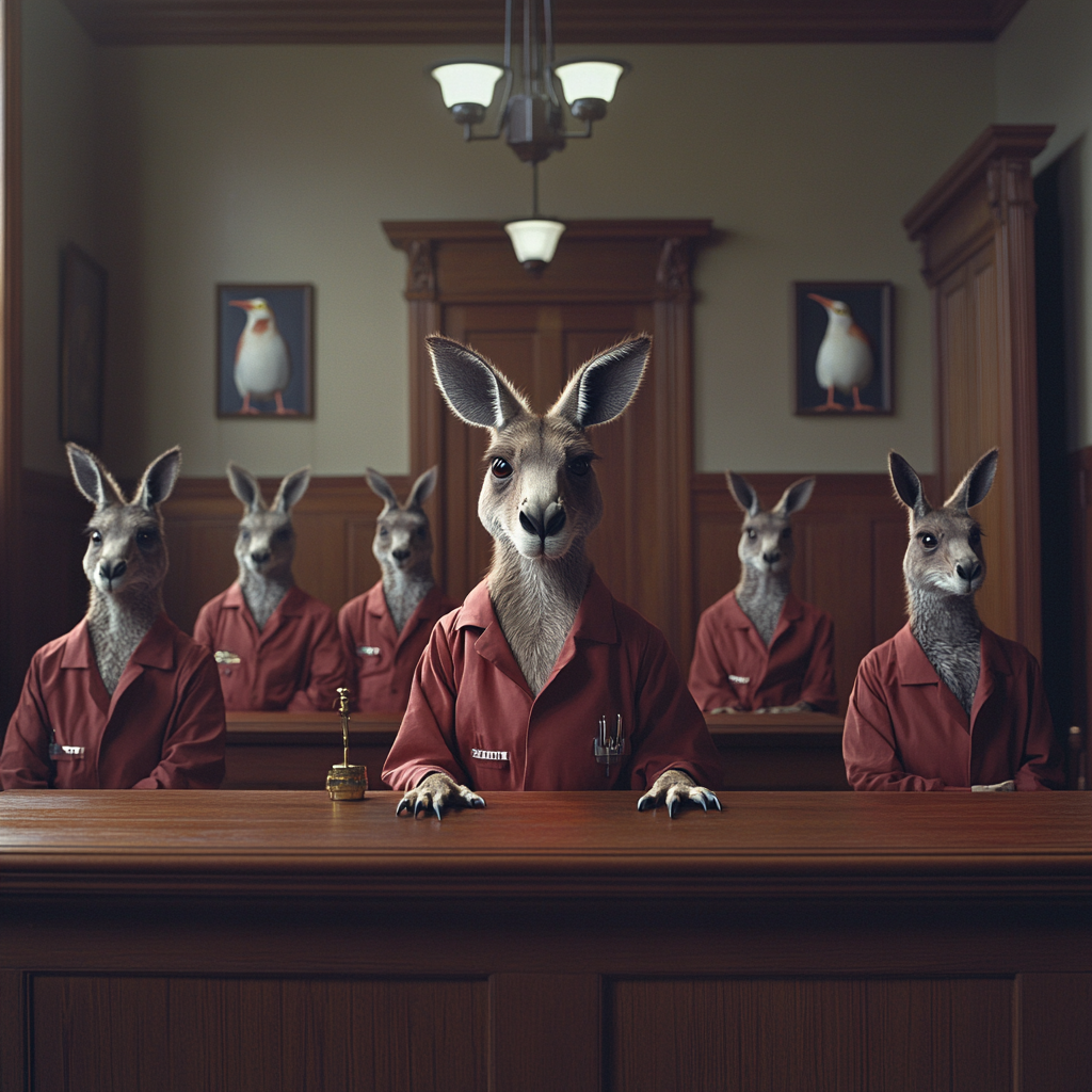 Kangaroo judge and lawyers, bird defendants in jumpsuits.