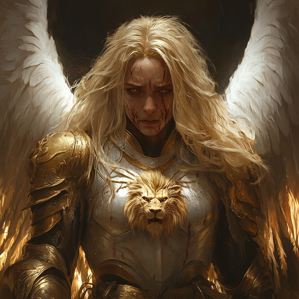 Kate Winslet lookalike Archangel in golden lioness armor