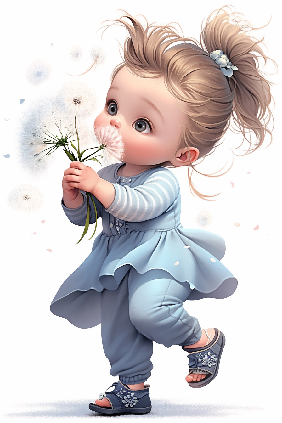 Kawaii Chibi Girl Blowing Dandelion in Silver Suit