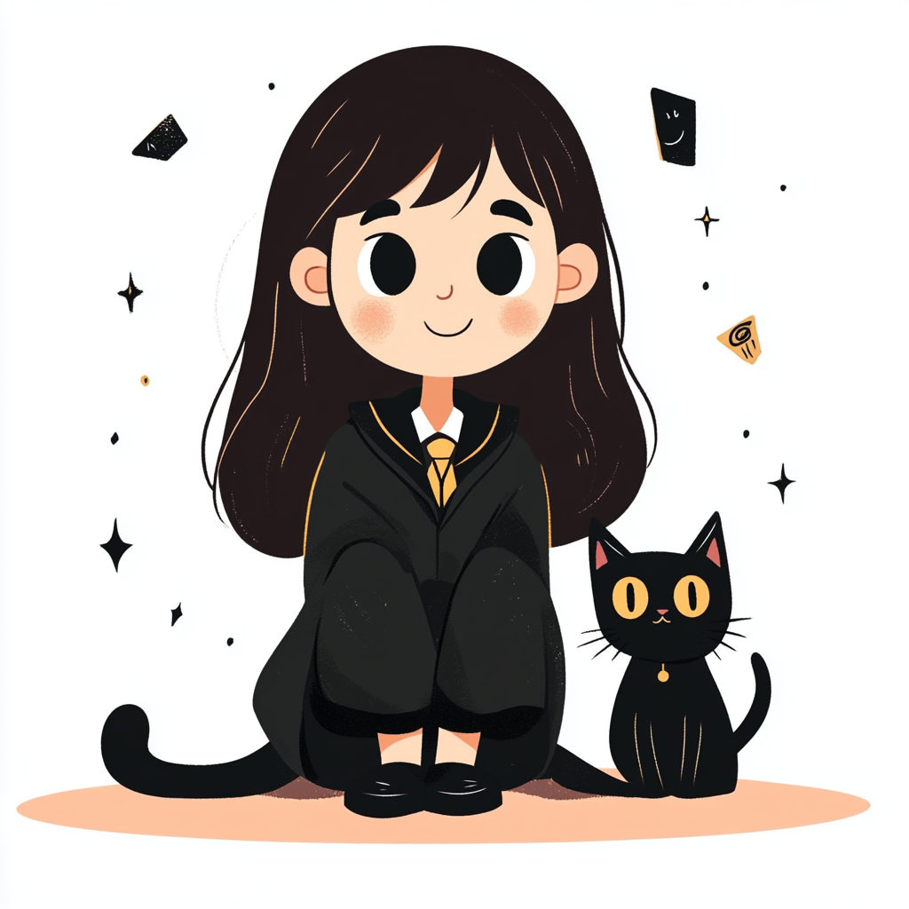 Kawaii Style Cartoon Girl with Cat Illustration