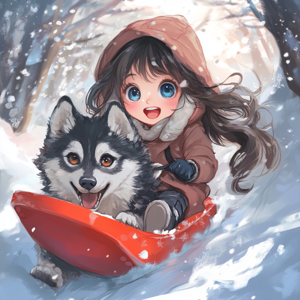 Kawaii drawing of girl in snowsuit sledding with husky.