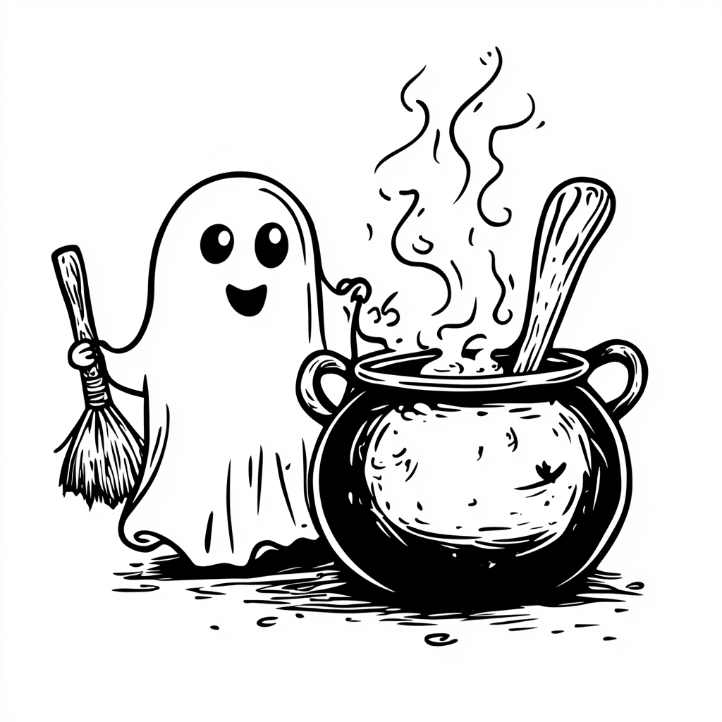 Kawaii ghost next to cauldron with broomstick.