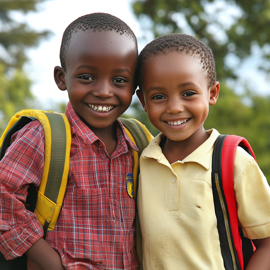 Kenyan school children in uniform, smiling with backpack 