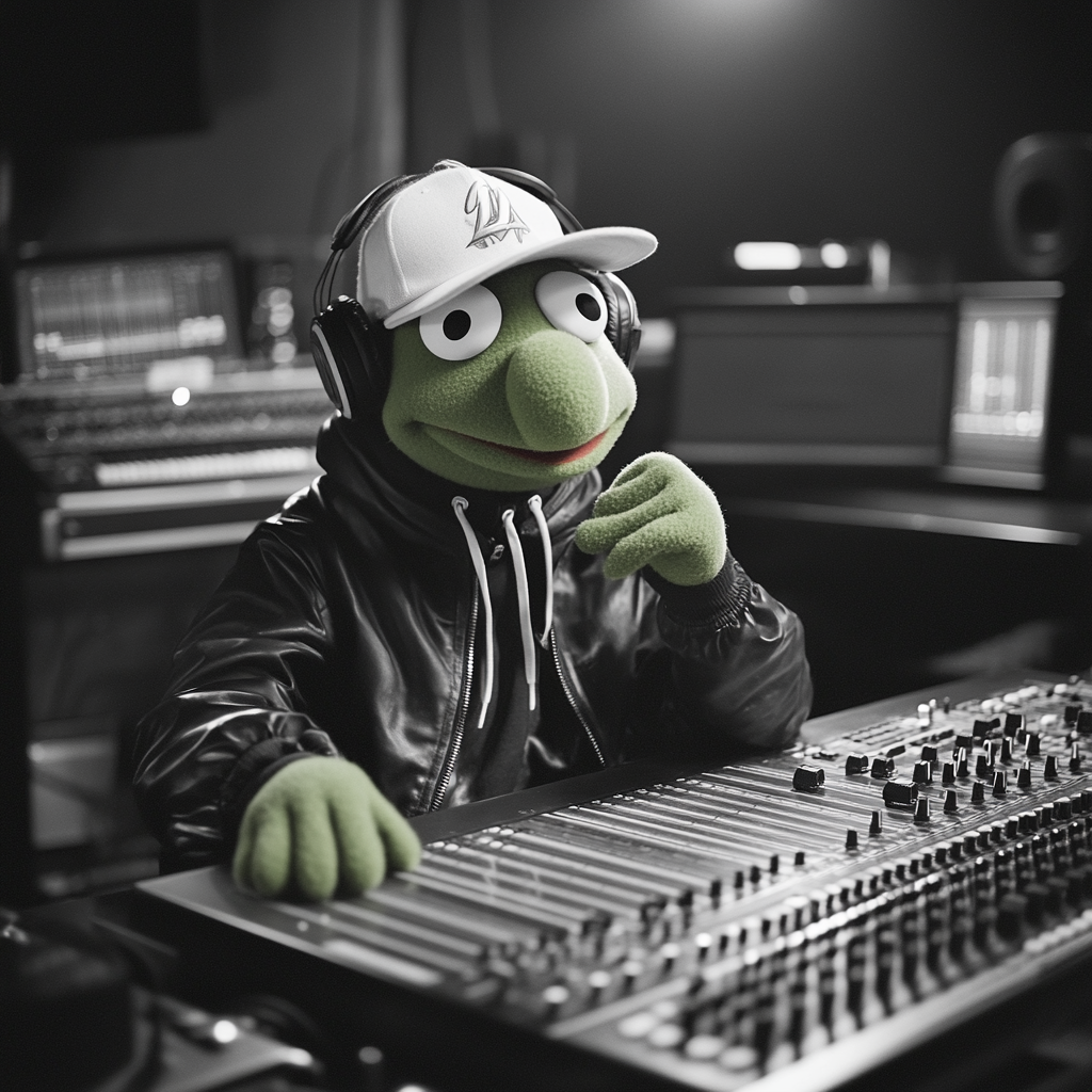 Kermit at the rap studio as producer vibes.