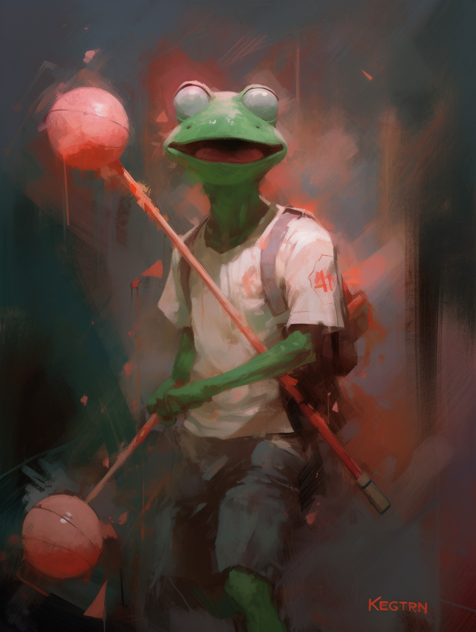 Kermit the Frog happily holds watermelons in painting.