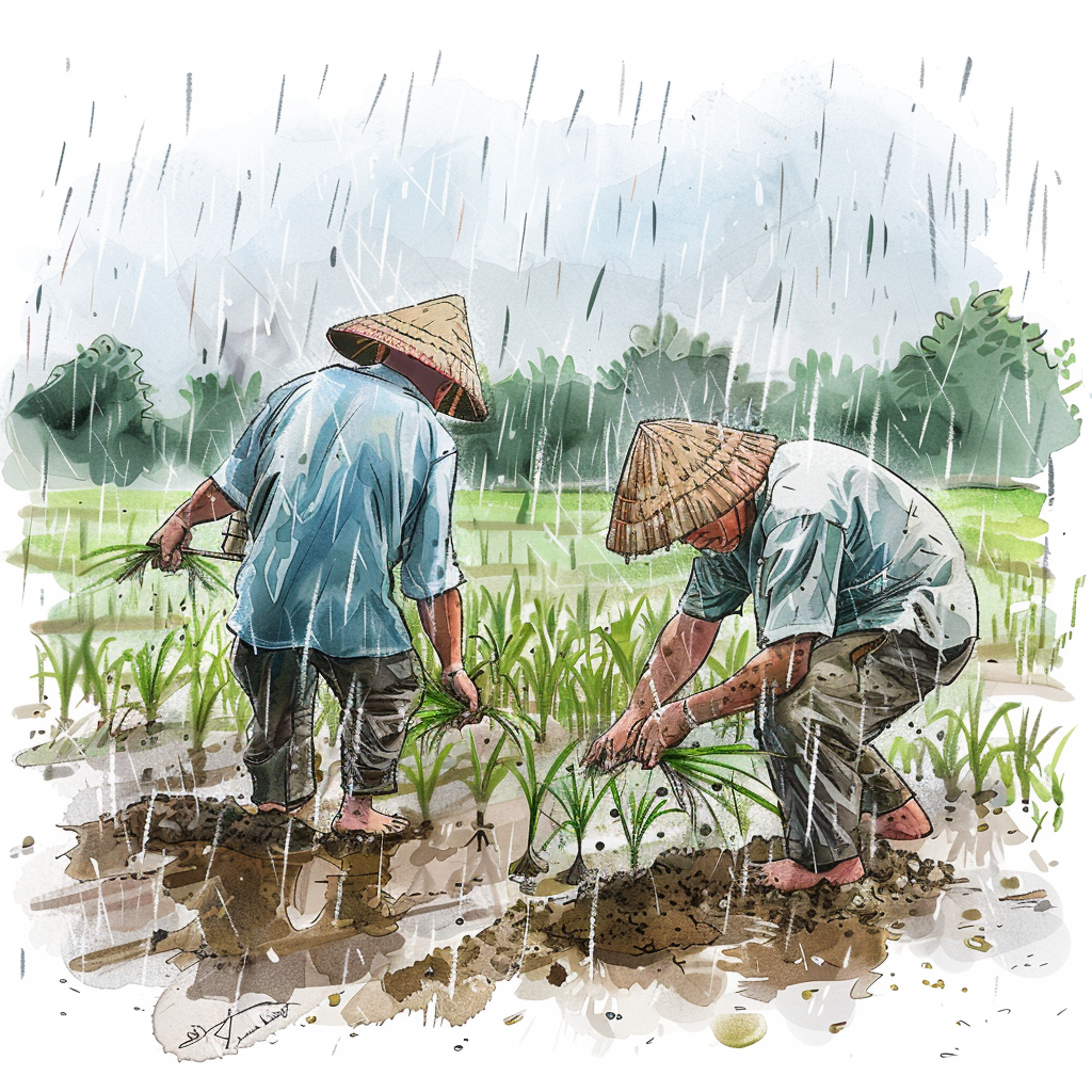 Khasi farmers planting paddy seedlings in rain