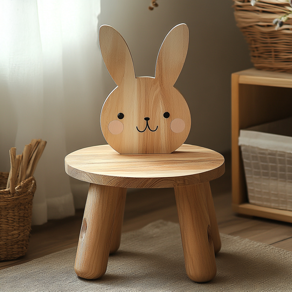 Kid's rabbit stool chair, solid wood, backrest rabbit ears