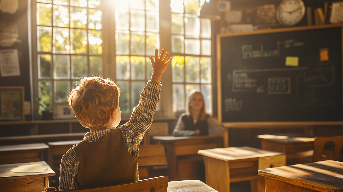 Kid eagerly raising hand in vintage 1950s classroom.