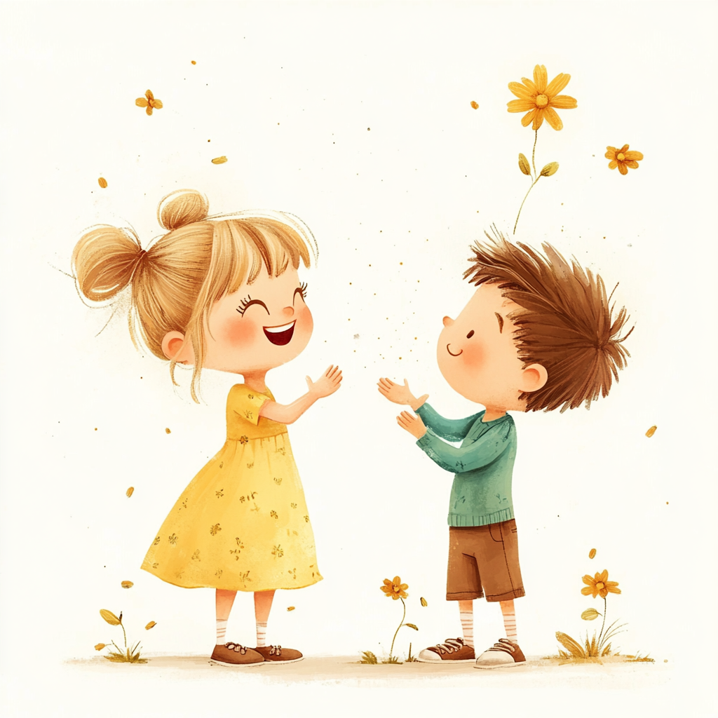 Kids Talking to Wind Cartoony Characters Watercolor