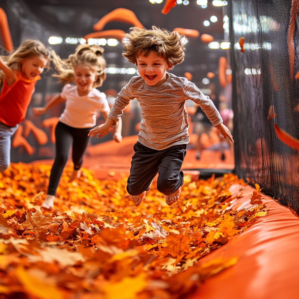 Kids and families having fun in trampoline park.