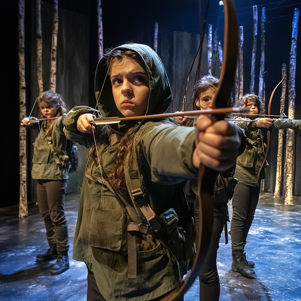 Kids and teens in futuristic Robin Hood play.