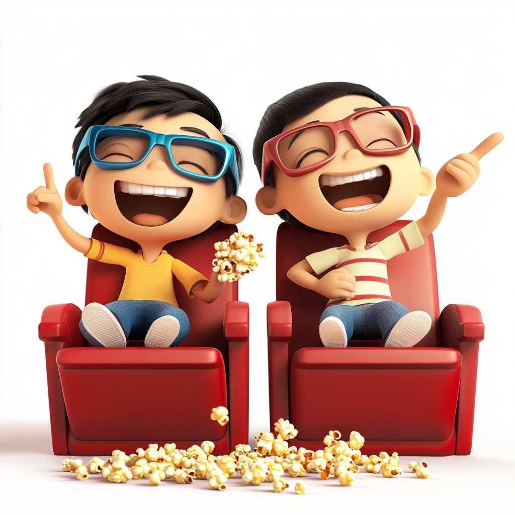 Kids enjoying movie night with popcorn and laughter.