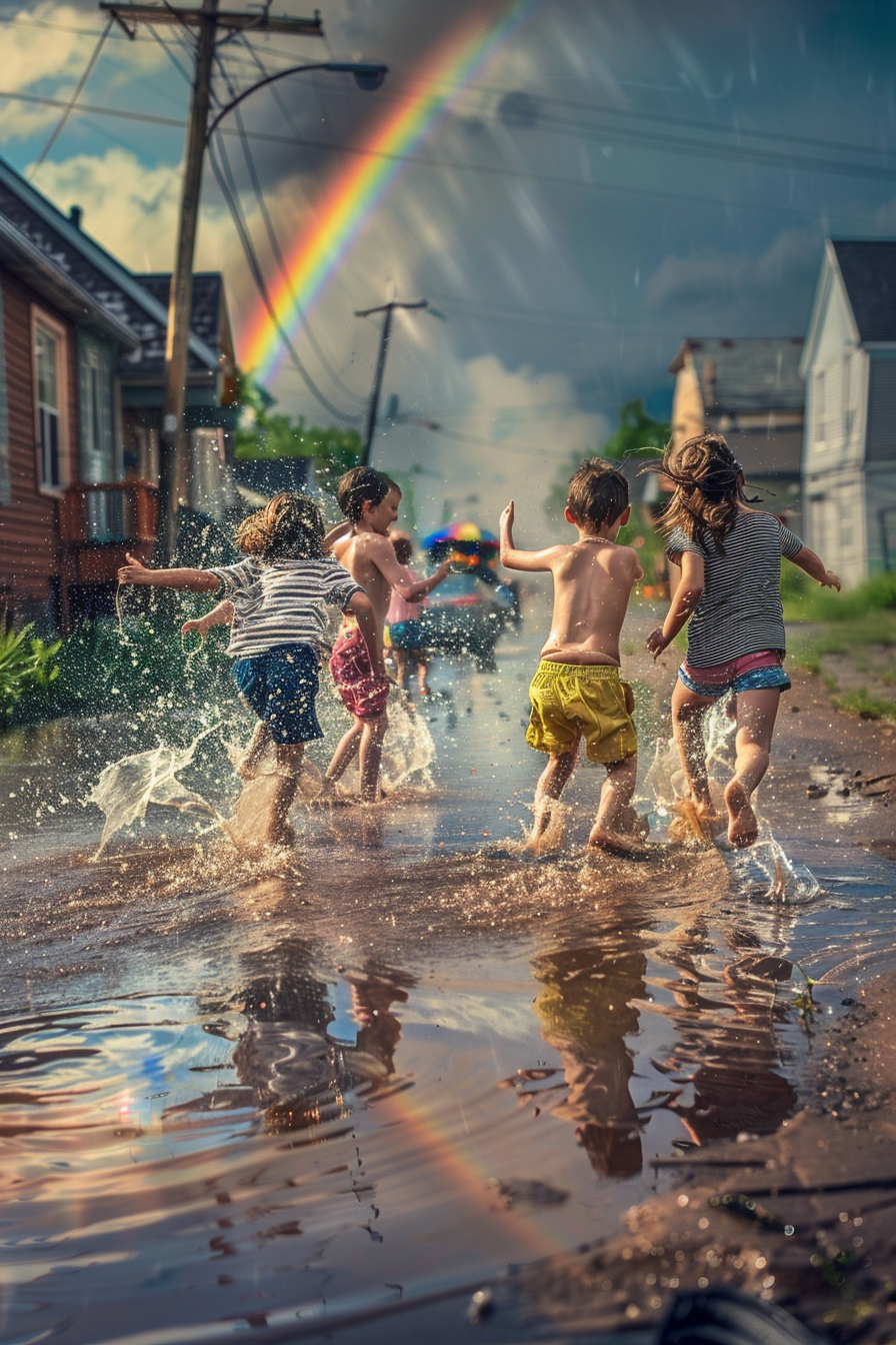 Kids having fun playing in rain with rainbow.