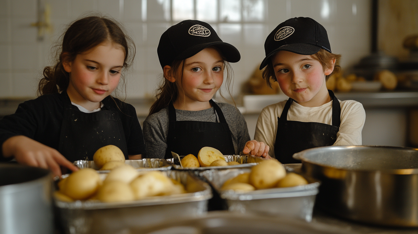 Kids in aprons and caps peeling potatoes in school.