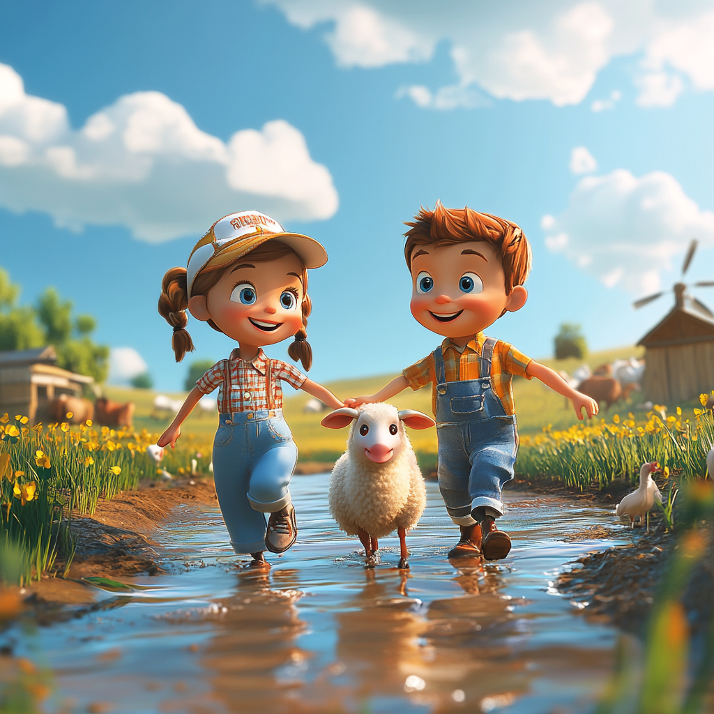 Kids in farm with animals, animated fun.