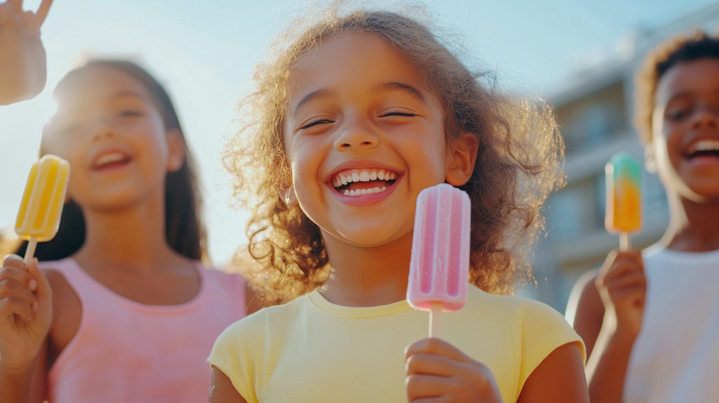 Kids of different races enjoying colorful ice lollies.