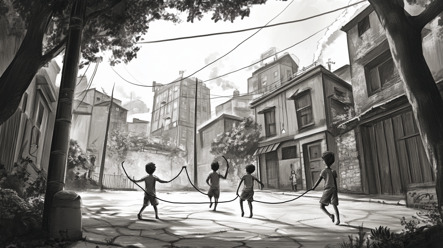 Storyboard Illustration of Kids playing in city backdrop